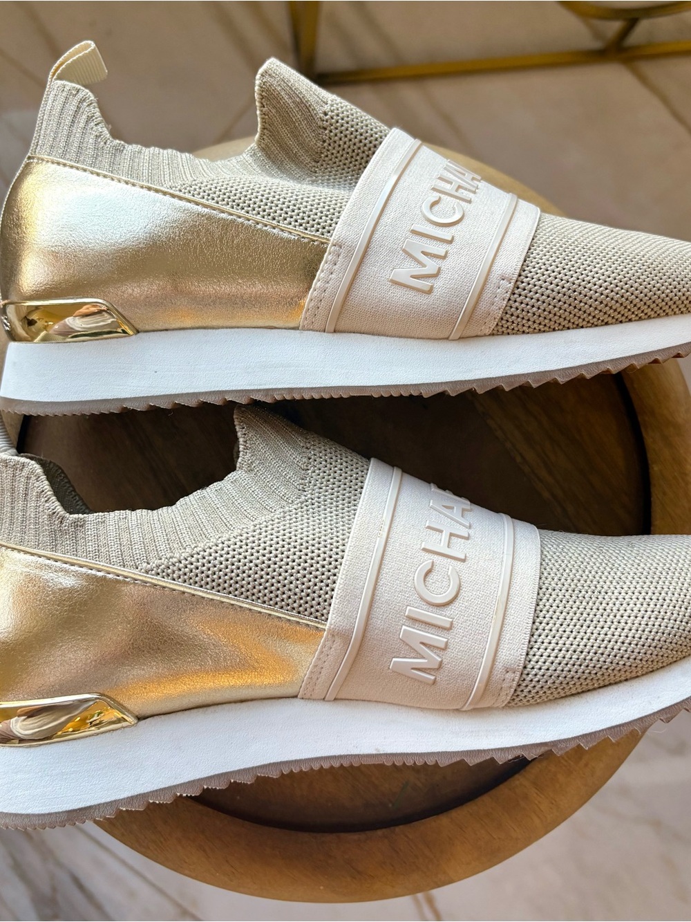 NEW Michael Kors Beige Knit Slip-On Sneakers with Gold Tennis Shoes 7.5